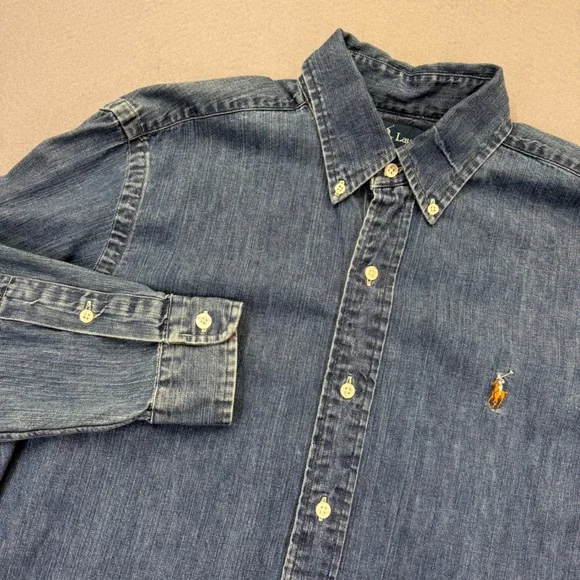 Ralph Lauren Classic Fit Denim Button Down Shirt flesh pony Blue Long Sleeve M - Picture 1 of 8